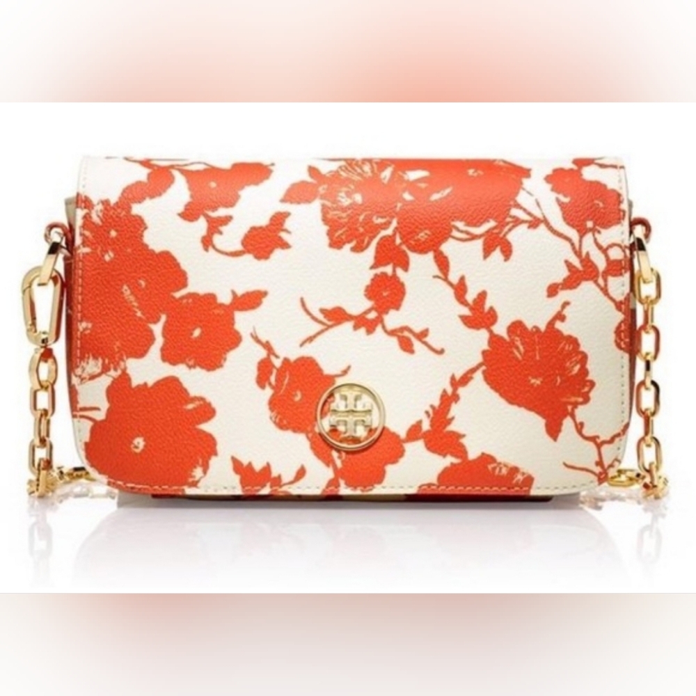 SOLD-Tory Burch Fire Orange Floral Robinson Adjustable Chain Crossbody Bag